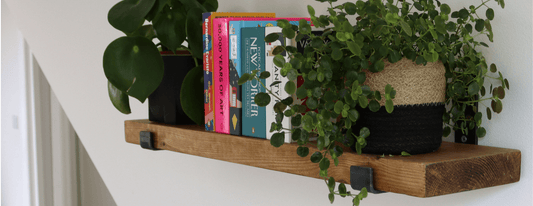 scaffold shelving with brackets decorated with plants and books