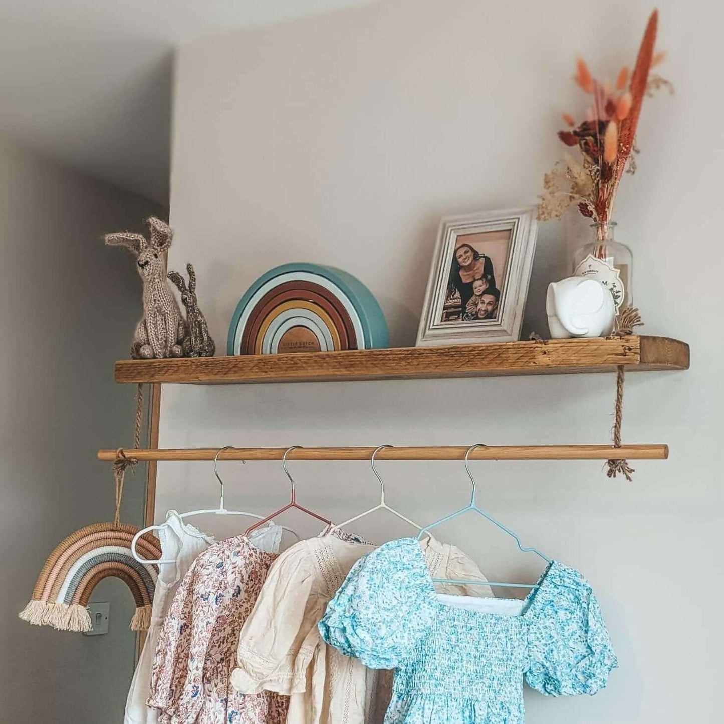 Nursery Floating Shelf with Hanging Clothes Rail - 60 cm by 22 cm